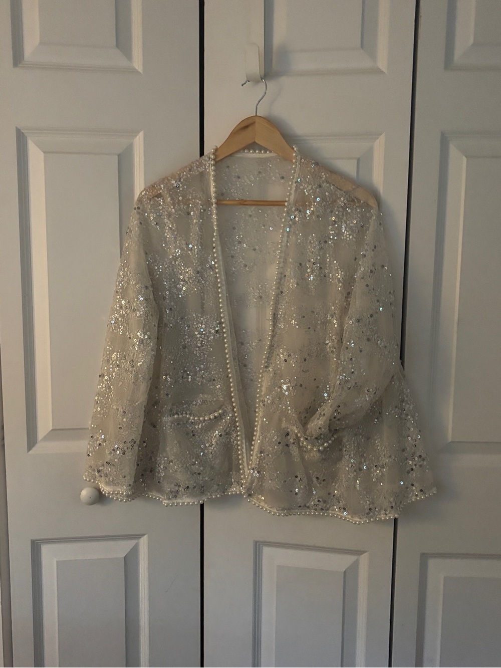 Embellished Pearl-Trim Sheer Jacket in Ivory/light gray -M/L